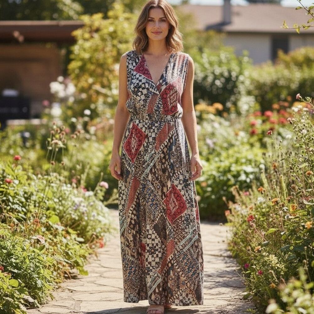 Susan Lawrence Brown Orange Geometric Maxi Dress Sz 2X Stretchy V Neck